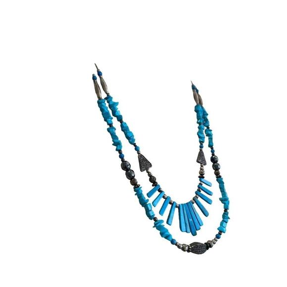 Vintage Silver and Turquoise Double Strand Beaded Necklace - Picture 2 of 10